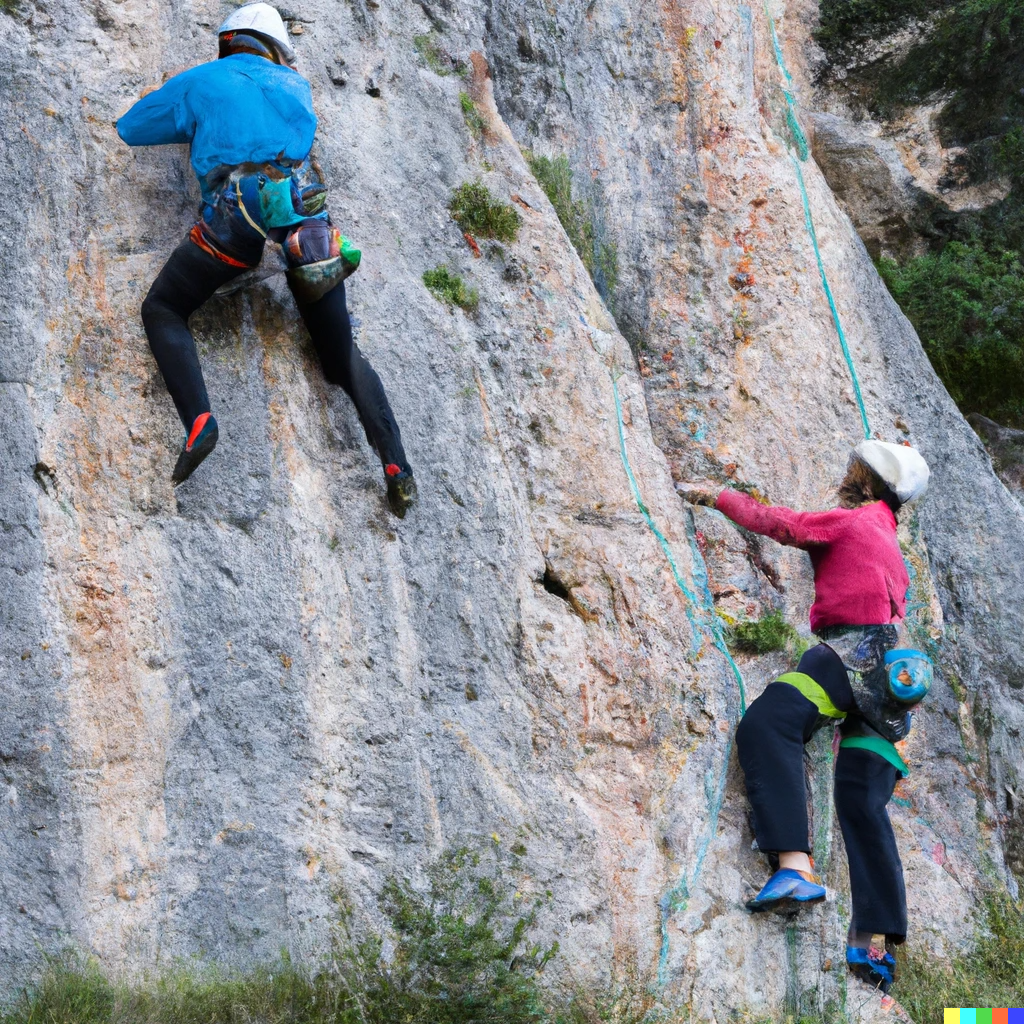 A man and a woman climbing on the side of a rock wall